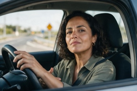 Une conductrice au volant, le regard tourné vers la route