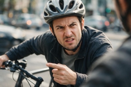 Un cycliste casqué, l'air contrarié, pointe quelqu'un du doigt