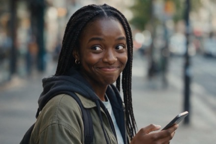 Une jeune femme téléphone à la main se retourne dans la rue, l'air un peu gêné