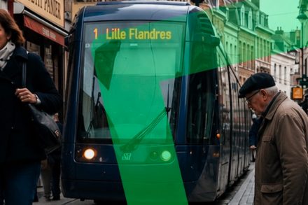 Un tramway lillois arrive dans une rue pavée pendant qu'un piéton âgé traverse tête baissée juste devant