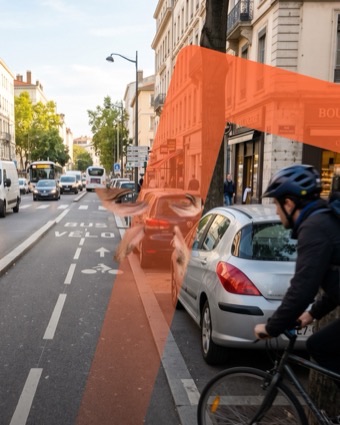 Une rue et sa bande cyclable : un cycliste longe une file de voitures à l'arrêt