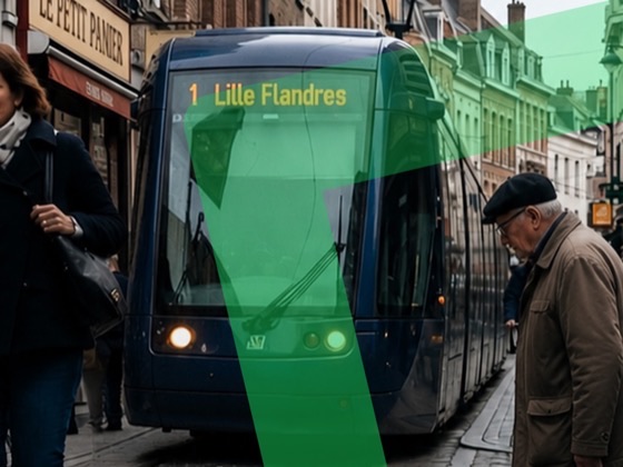 Un tramway à l'arrêt dans une rue pavée : une passante le longe d'un côté, un homme âgé de l'autre