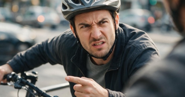 Un cycliste casqué, l'air contrarié, pointe quelqu'un du doigt
