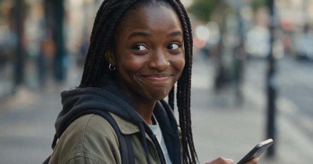 Une jeune femme téléphone à la main se retourne dans la rue