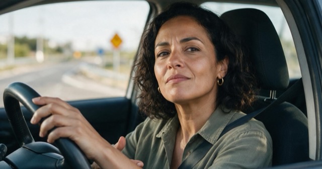 Une conductrice au volant, le regard tourné vers la route